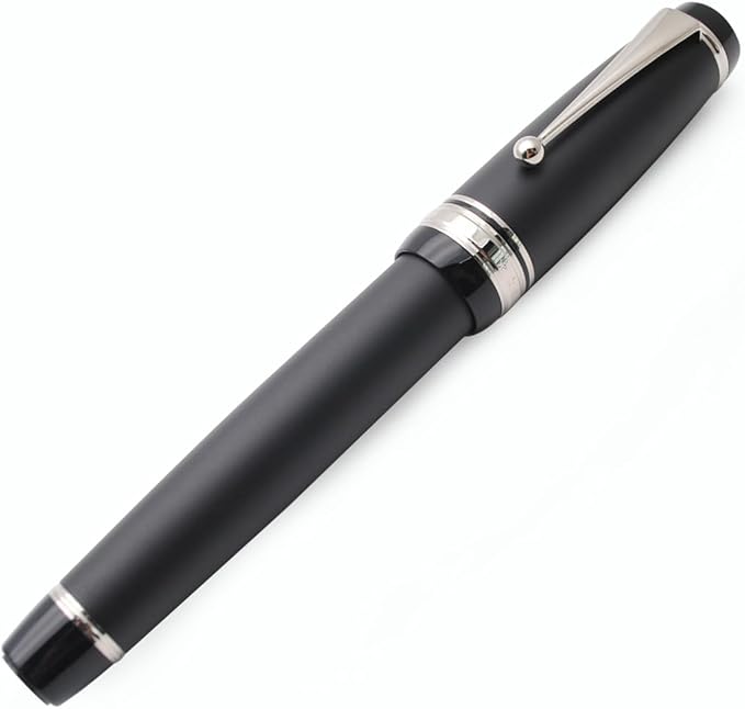 Metal Big Fountain Pen Set Medium Nib 0.7mm, Includes Ink Refill Converter, 5 Ink Cartridges & Gift Box (Medium Nib 0.7mm, Matte Black with Silvery Clip)