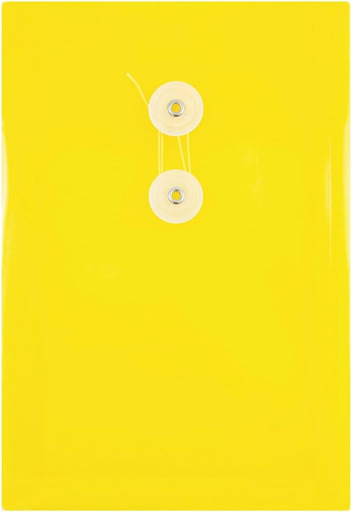 JAM PAPER Plastic Envelopes with Button & String Tie Closure - 6 1/4 x 9 1/4 - Yellow - 12/Pack
