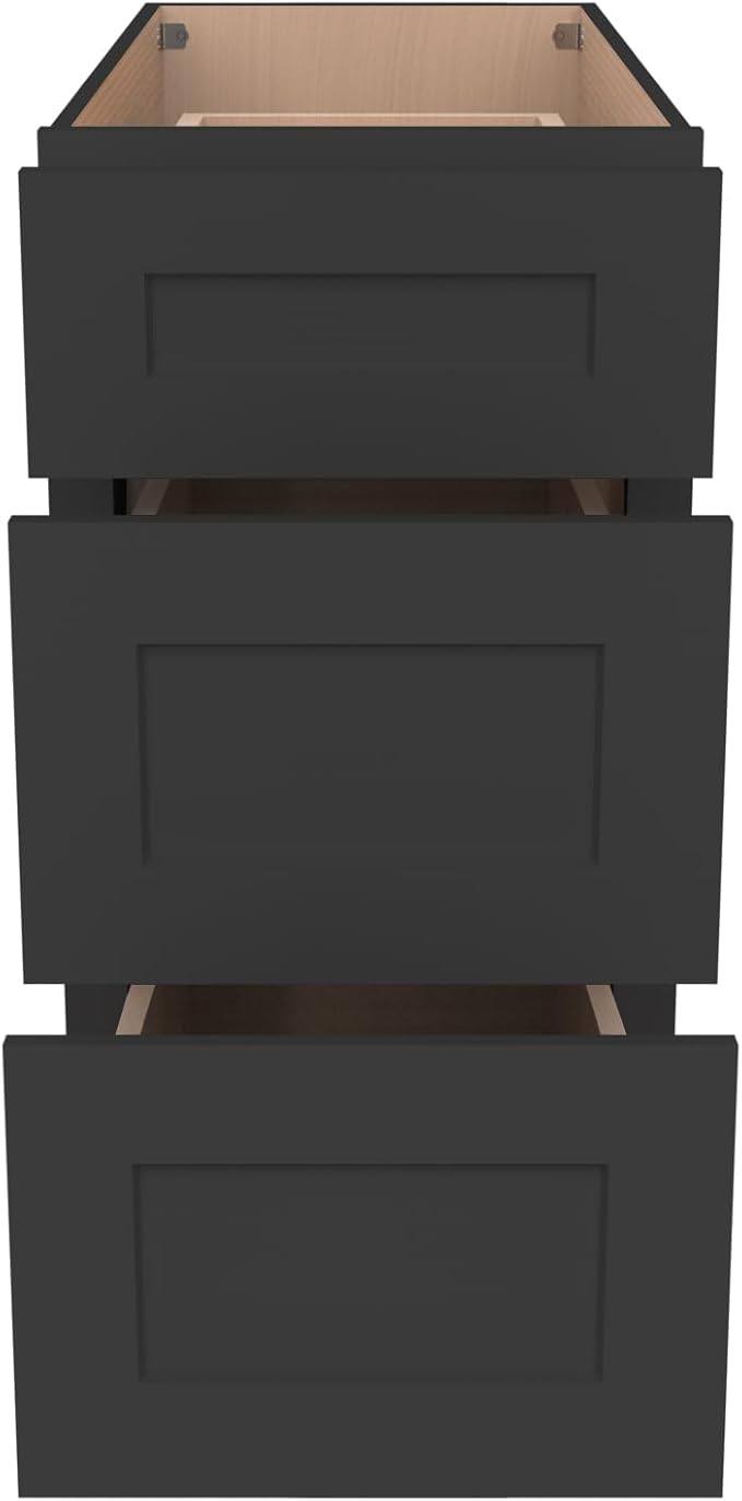 Shaker Style Charcoal Black RTA Base Drawer Cabinet - Solid Wood 3-Drawer Design with Soft Close Feature, 15" W x 24" D x 34.5" H, Perfect for Standalone Use or Kitchen Cabinet Combinations