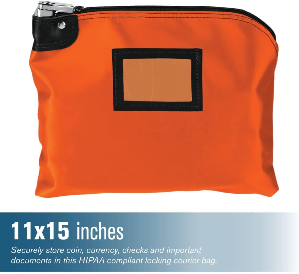 BankSupplies Laminated Nylon Locking Deposit Bag - Orange - 15W x 11H - 2 Keys Included for Each Bag - HIPAA - Puncture Resistant Laminated Nylon - Double Stitched Seams