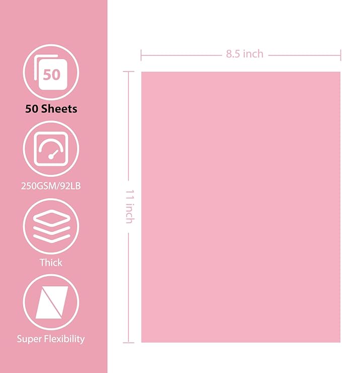 OcePor 50 Sheets Pinks Valentine's Day Cardstock Paper, Colored Printer Paper 8.5 x 11, Card Stock Thick Construction for Craft,Scrapbook，Office Printing, Invitations, Certificates，92 lb/250gsm