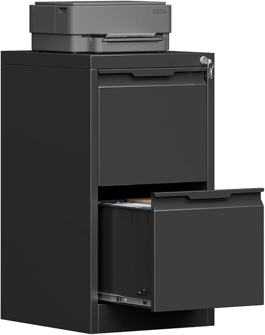 2 Drawer File Cabinet, Metal Vertical File Cabinets with Lock for Home Office, Locking File Cabinet Hanging Files for A4/ Legal/Letter, Assembly Required (Black, 2 Drawer - 15" W)