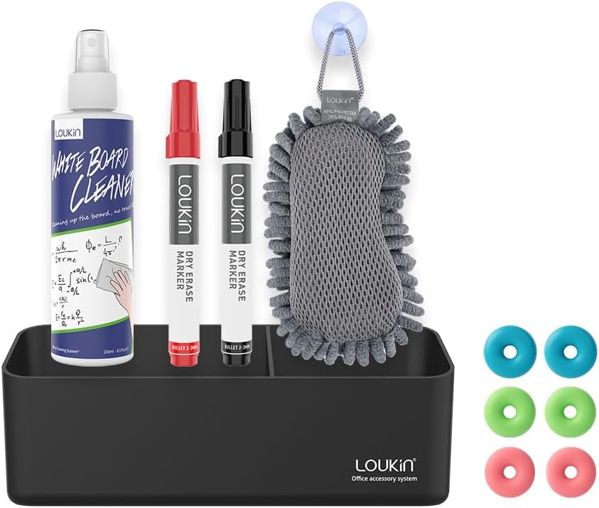LOUKin Magnetic and Adhesive Marker Holder, Dry Erase Accessory Tray Set (Includes 1 Eraser, 1 Cleaner, 2 Dry Erase Markers and 6 Magnets), Ideal for Office, School or Home Use.