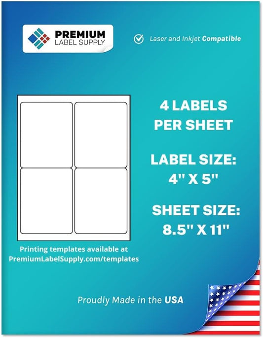 Premium Label Supply White Sticker Shipping Labels – 4" x 5" – Laser/Inkjet Compatible – (4 per Sheet), 1000 Sheets - 4,000 Total Adhesive Labels