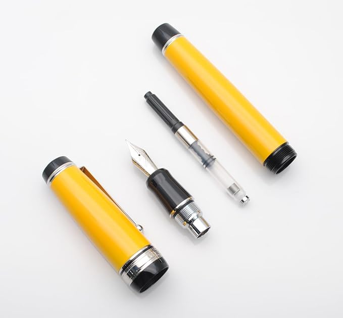 Metal Big Fountain Pen Set Medium Nib 0.7mm, Includes Ink Refill Converter, 5 Ink Cartridges & Gift Box (Medium Nib 0.7mm, Yellow with Silvery Clip)