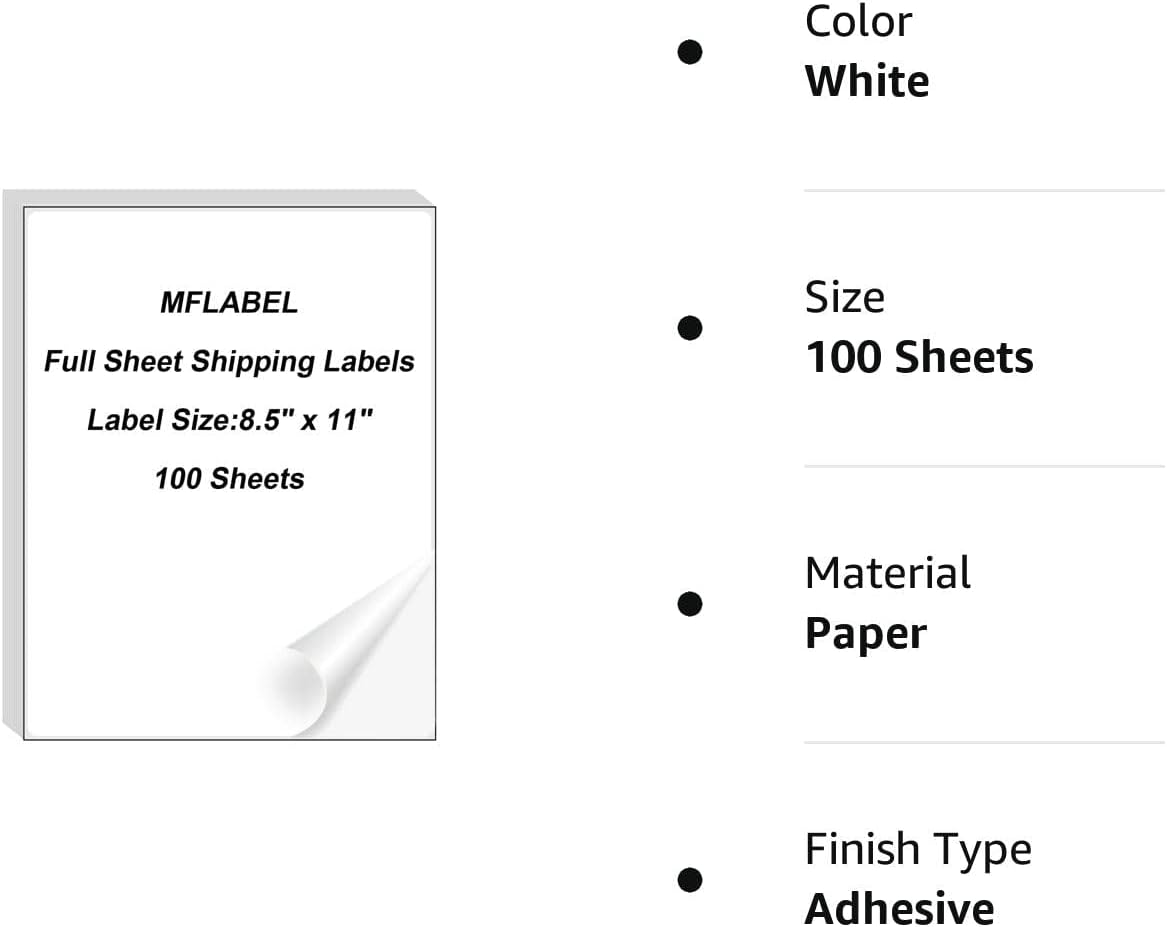 MFLABEL Full Sheet Sticker Label, Address Sticker, White Matte Label Paper, 8-1/2" x 11" Shipping Labels for Laser & Inkjet Printer (400 Labels, 400 Sheets)