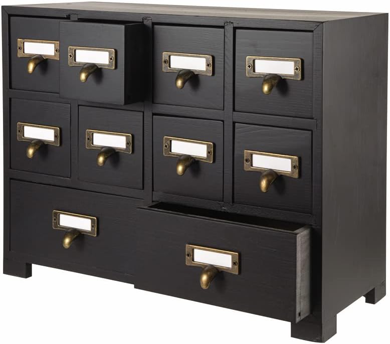 Apothecary Cabinet with 10 Drawers & Labels Rustic Library Card Catalog Cabinet Desktop Wooden Storage Box for Organize Herbal、Tea Bag、Jewelry (Black)