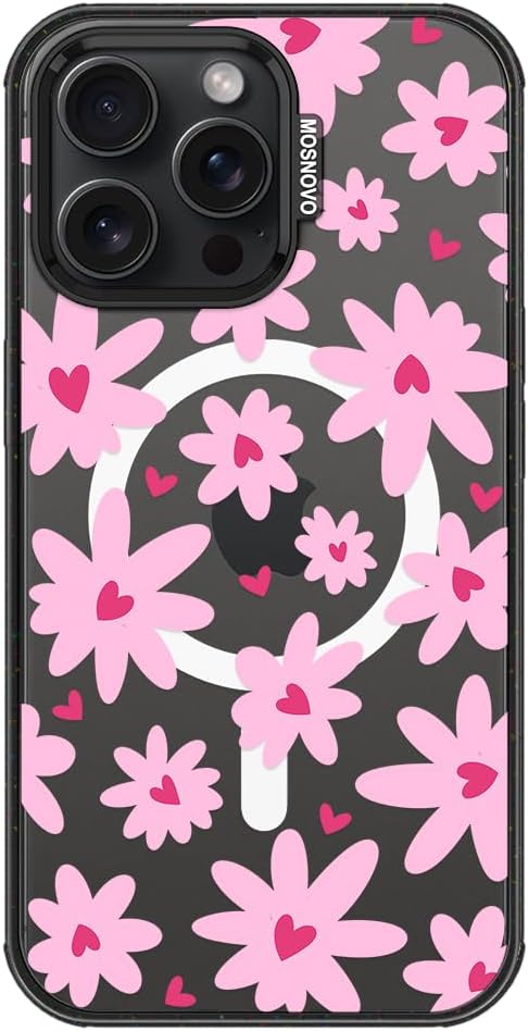 MOSNOVO Magnetic Case for iPhone 15 Pro Max, 10ft Military-Grade Protection, Compatible with Magsafe, Shockproof Phone Case for iPhone 15 Pro Max - Love in Bloom - Clear Black
