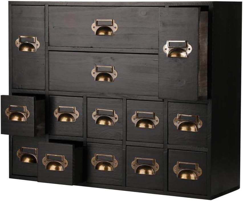 Apothecary Drawers Card Catalog Cabinet with 14 Drawers Wooden Card Catalog Wooden Storage Box for Desktop Organizer (Black)