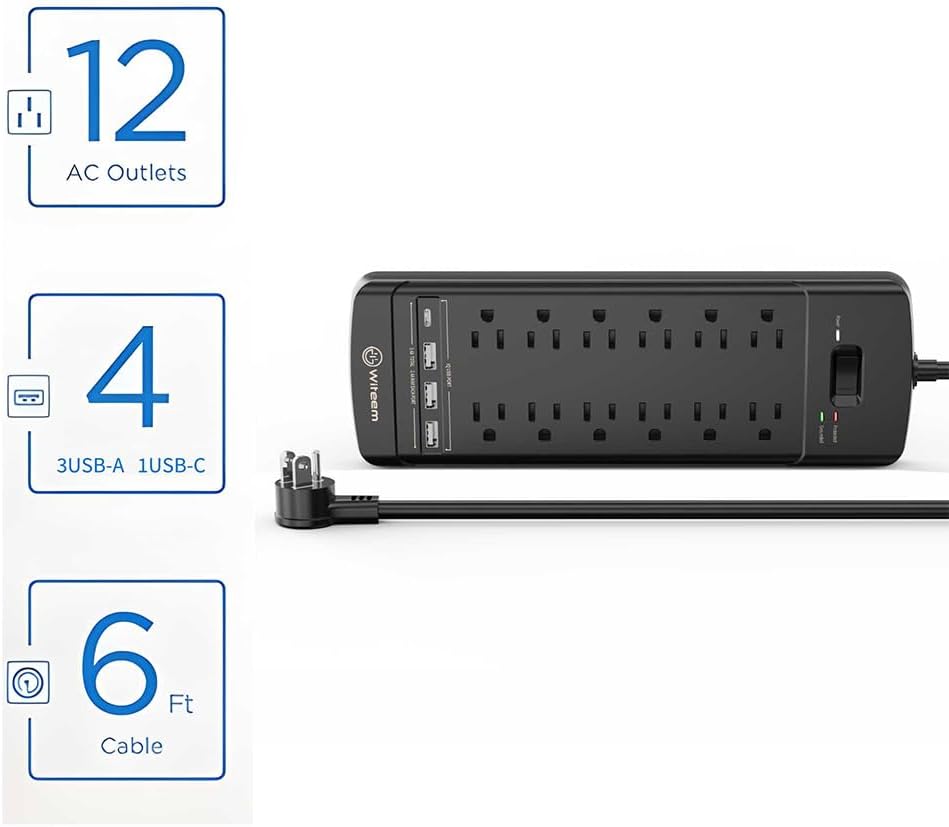 Surge Protector Power Strip - 12 Outlets,3 USB+USB-C 3.4A Ports, 6Ft Extension Cord, 1875W/15A, 4360Joules, Overload Protection - Ideal for Home & Office Use (Black-USBC)