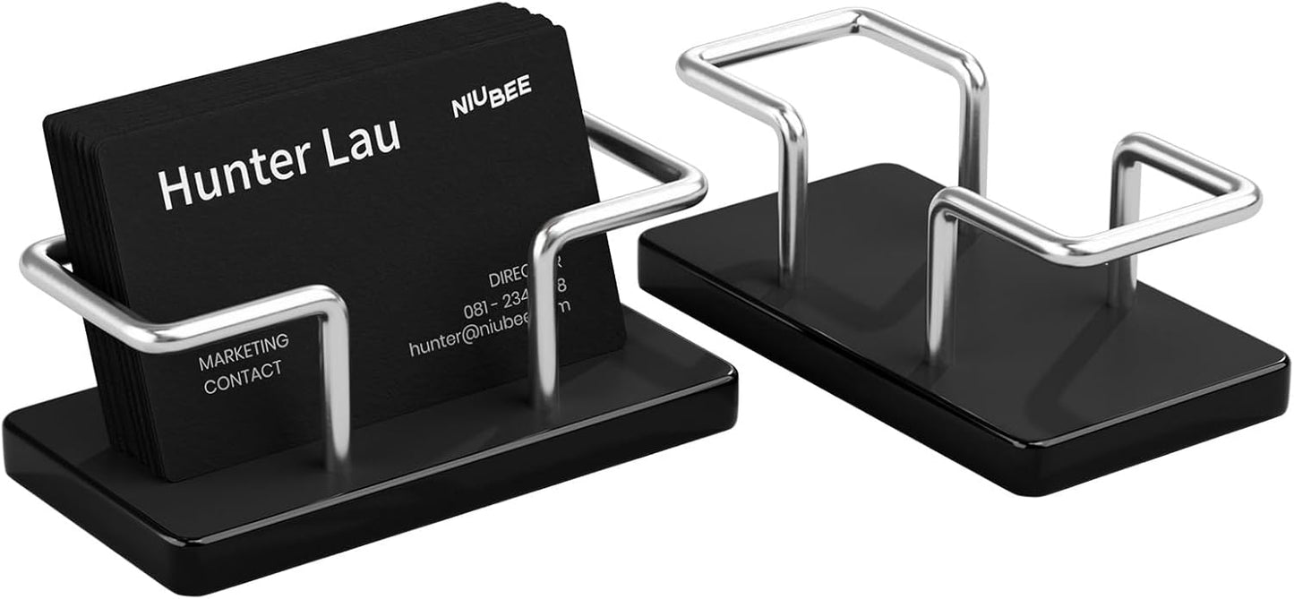NIUBEE Acrylic Business Card Holder: Metal Business Card Display Stand for Desk - Frosted Name Card Organizer for Office, Reception, Desktop (Silver) - 2pack