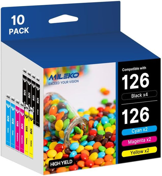 126 Ink Cartridges Remanufactured Replacement for Epson 126 Ink Cartridges for Epson 126 T126 Ink use for Epson Workforce WF-3520 WF-3540 WF-7010 435 545 645 845 60 Stylus NX430 (10 Pack，126 Ink)