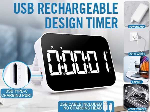 Kitchen Timer （1.5" Number） Large Digital Magnetic Timer, Rechargeabilit, Countdown and Countup, 3 Brightness Display, 3 Volume Levels and Vibration Mode, for Cook, Kids Adults Study Teaching