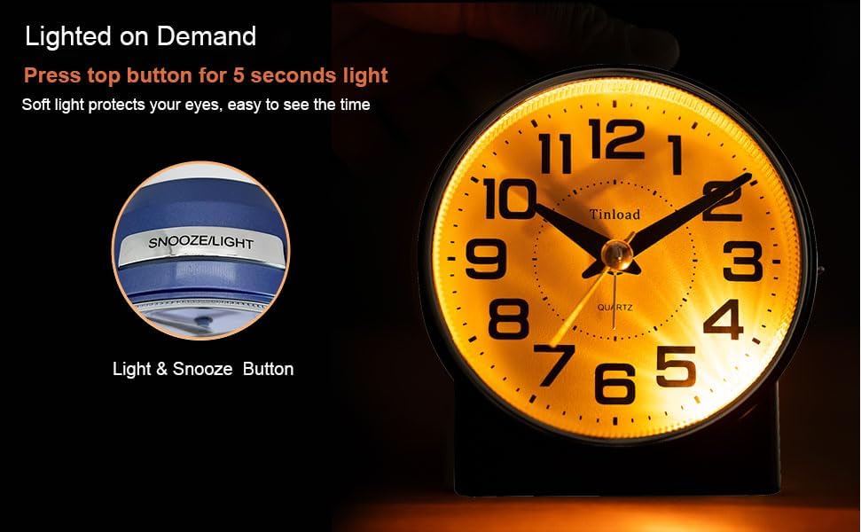 4.3" No Ticking Analog Alarm Clock,Silent Readable for Seniors,Easy to Set,Gradual Rise Alarm,Big Numbers,On/Off Switch on Side,Gentle Wake,Snooze,Lighted on Demand,Battery Operated,Blue