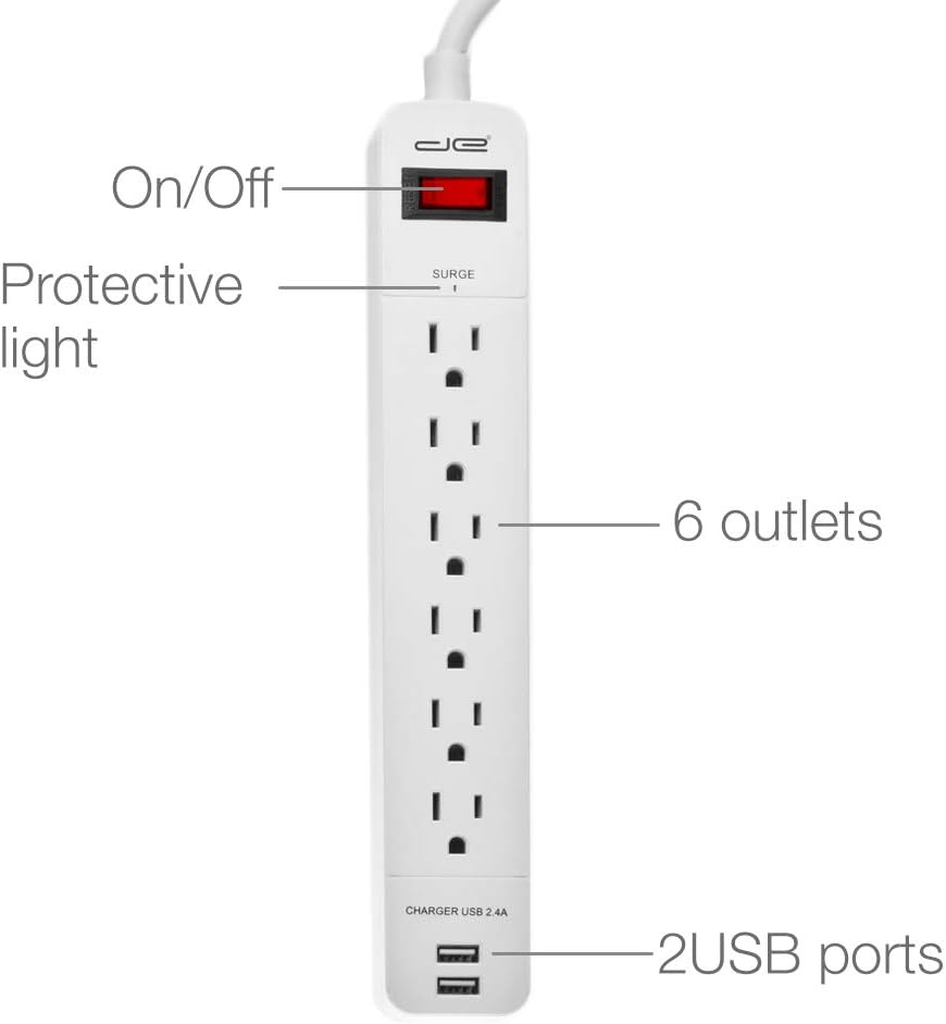 Digital Energy 6-Outlet + 2 USB 1050 Joule Surge Protector Power Strip with 25-Ft Long Extension Cord, White, UL Listed