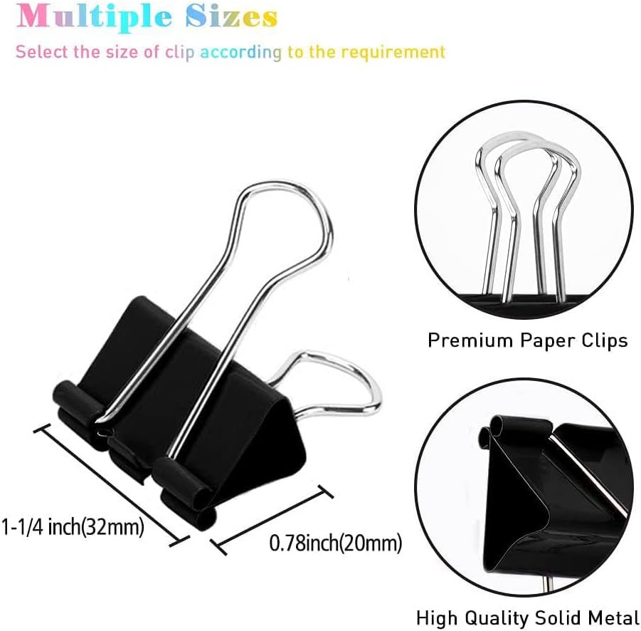 Medium Binder Clips, 144 Pack, 1-1/4 Inch, Black, Standard 32mm, Capacity 0.6 Inch, Metal Paper Clips, Office Clips, Fold Clamp, Office and School Supplies