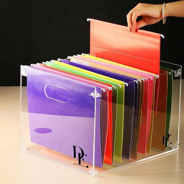 DF 3-Section Acrylic File Organizer with Handles – Clear File box for Documents, Books & Office Supplies – Desktop Hanging File Organizer - Compact and Durable Design for Home or Office Use