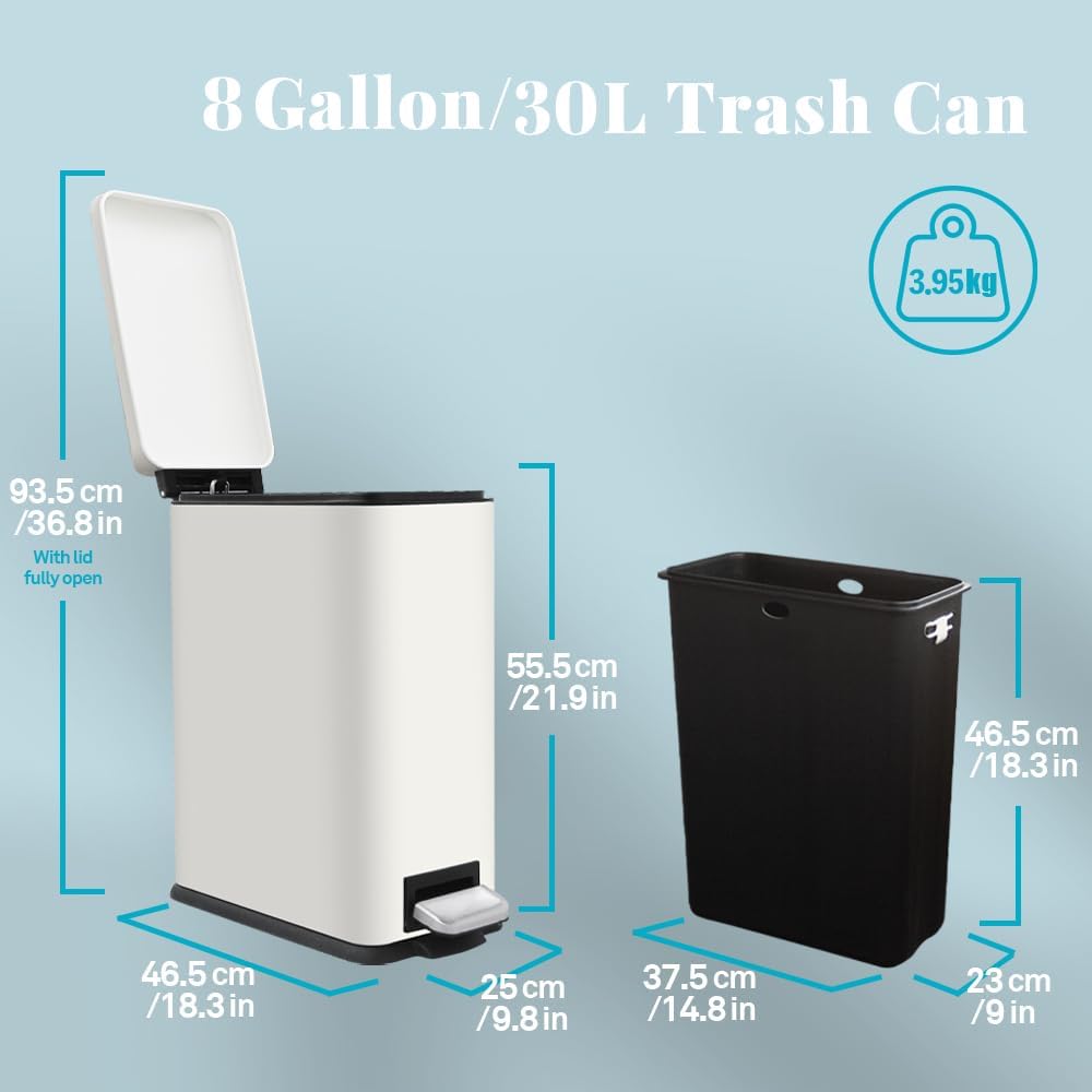 8 Gallon Slim Trash Can with Soft Close Lid, Stainless Steel Trash Can with Removal Inner Bucket, Hand -Free Trash Bin for Kitchen, Office, Laundry, Bathroom, 30 Liter Capacity, White