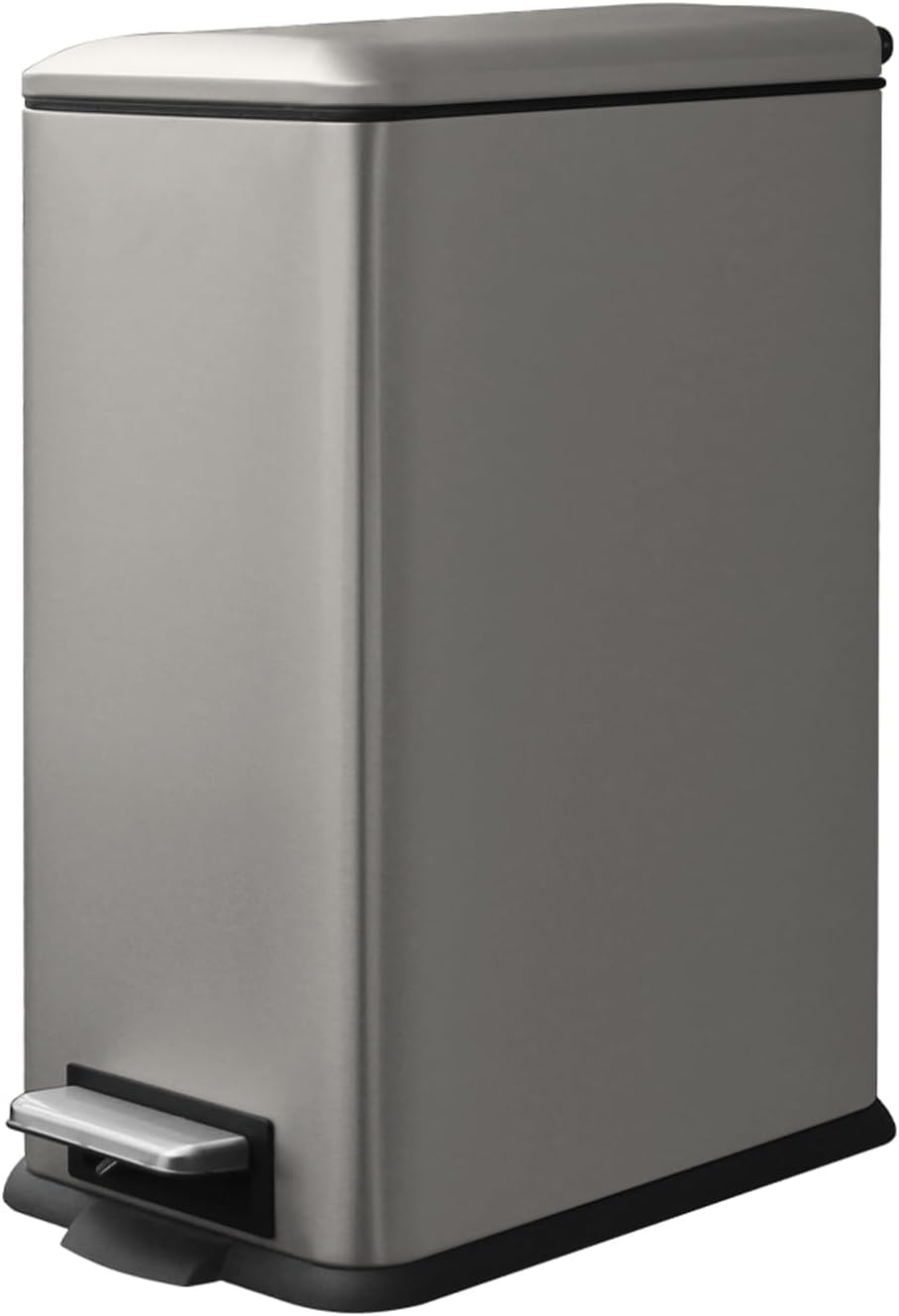 8 Gallon Slim Trash Can with Soft Close Lid, Stainless Steel Trash Can with Removal Inner Bucket, Hand -Free Trash Bin for Kitchen, Office, Laundry, Bathroom, 30 Liter Capacity, Grey