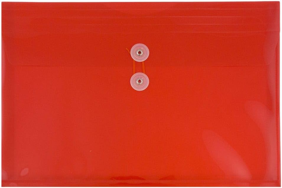JAM PAPER Plastic Envelopes with Button & String Tie Closure - Letter Booklet - 9 3/4 x 13 - Red - 3/Pack