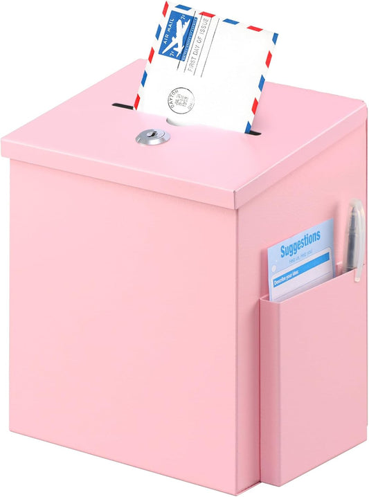xydled Suggestion Box with Key Lock, Locking Metal Donation Ballot Drop, Comment Prayer Box with Slot for Office, Fundraising, Church, School, Home Use, Pink, 8.7 x 7.1 x 5.9 Inches