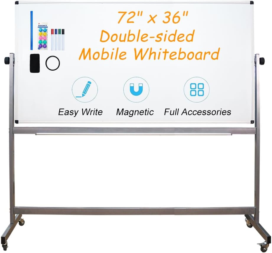 XIWODE 36x72 Large Magnetic Dry Erase Whiteboard with Stand - Double-Sided Freestanding Rolling Board, Flippable Design for Writing & Display, Silver Frame for Office, Classroom, Home