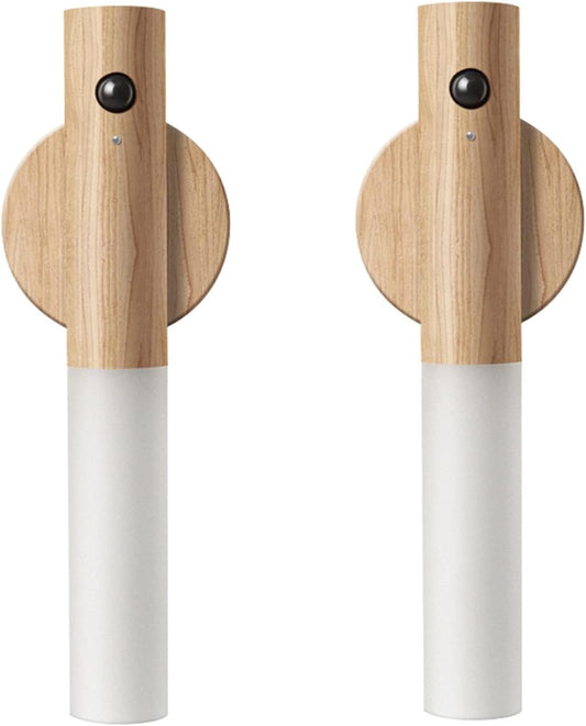 LANDGOO Wooden Motion Sensor Night Lights, Magnet Body Hallway Lamp, Rechargeable LED Wall Sconces, Portable for Stairway Bedroom, Battery Powered (White Ash Wood 2PC)