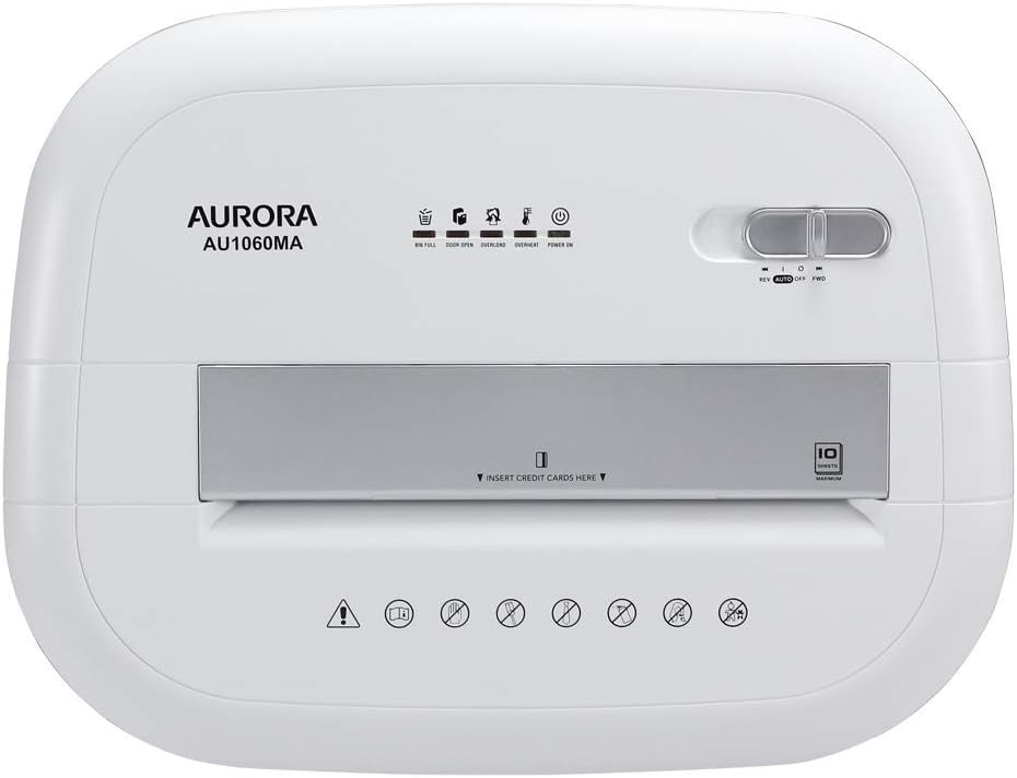 Aurora AU1060MA Professional Grade 10-Sheet High Security Micro-Cut Paper and Credit Card Shredder/ 60 Minutes/Security Level P-5, White, AU1060MA 10-Sheet High Security Microcut
