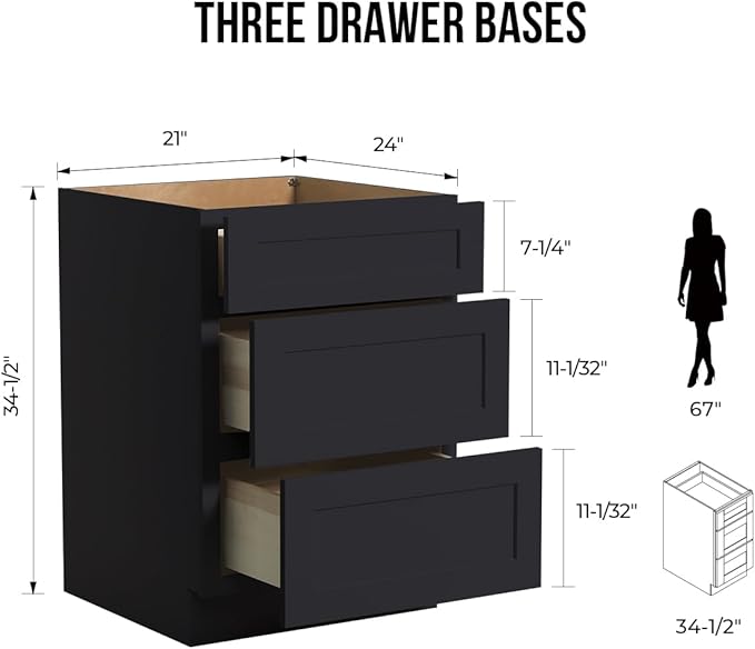 Shaker Style Charcoal Black RTA Base Cabinet with Drawers- Solid Wood 3-Drawer Design with Soft Close, 21" W x 24" D x 34.5" H, Perfect for Standalone Use or Kitchen Cabinet Combinations