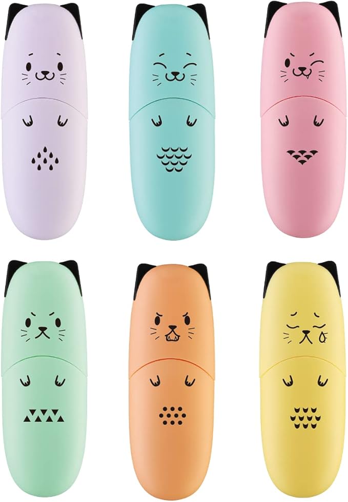 6 pieces Cat Shape Cute Mini Highlighter Pen Pastel Color Chisel Tip Kawaii Kids Stocking Stuffers Gift Highlighter Marker