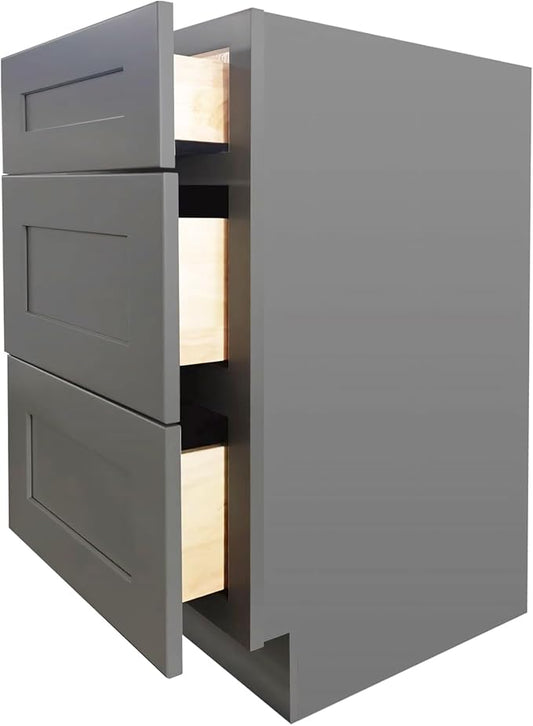 Shaker Style Pebble Grey RTA Base Drawer Cabinet by Solid Wood for Kitchen, Bathroom, Bedroom or Office with 3 Drawers and Soft Close(15" W x 24" Depth x 34-1/2" H)