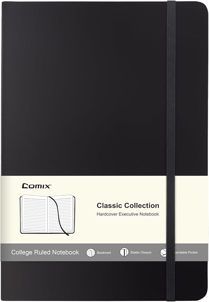 Comix Lined Journal Notebook for Women Men, Journaling Notebooks for Office School Home, 240 Pages, 5.5" x 8.3", College Ruled, A5, Hardcover, Black