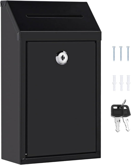 Metal Donation Money Cash Drop Box with Lock and Slot Suggestion Box Wall Mounted Ballot Container Mailbox Delivery for Home Office (Black, 10.24″ x 5.71″ x 2.95″)