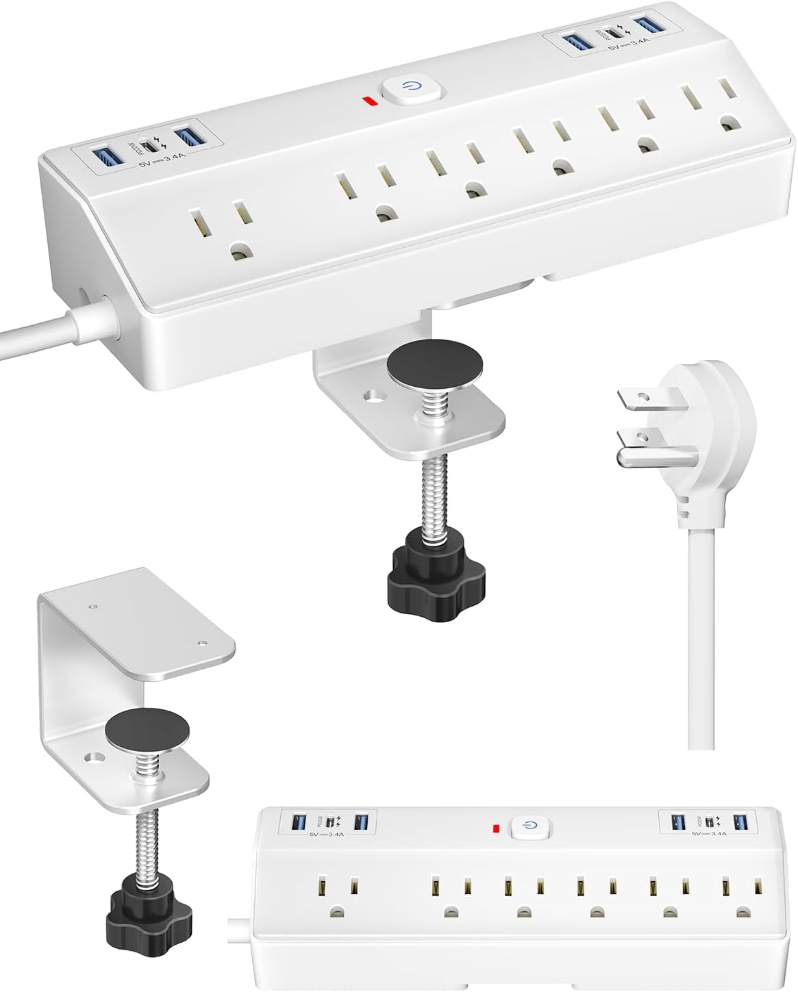 Desk Clamp Power Strip, 40W Fast Charging Station, Desktop Mount Surge Protect with 6 Outlets 6USB Ports (2USB C), Removable Power Strip Fits 1.8" Tabletop Edge, 10Ft Extension Cord for Home Office