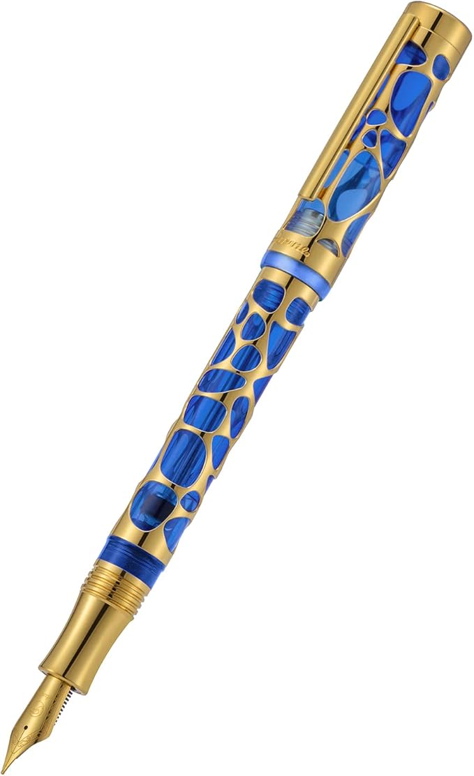 Asvine V169 Vacuum Filling Fountain Pen Extra Fine Nib, Water Drop Skeleton Gold Trim Transparent Blue Acrylic Pen Case Set