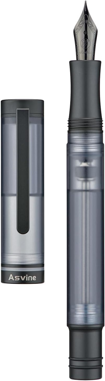 Asvine V200 Titanium Fountain Pen Vacuum Filling, Matte Black Medium Nib Clear Demonstrator Acrylic with Pen Case and Wrench