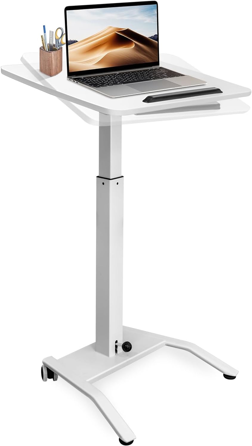 Mobile Standing Desk with 45° Tilting Desktop, Portable Rolling Standing, Height Adjustable Sit Stand Foldable with Wheels, Mobile Desk Workstation for Home Office (White, Large)