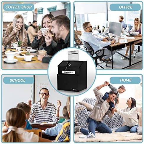 Adir Suggestion Box with Lock - Metal Donation Fundraising Ballot Prayer Box with 55 Free Suggestion Forms Cards & 2 Keys (Wall Mounted - Black)