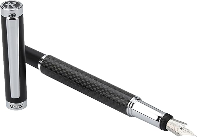 Stylish Fountain Pen : Luxury, Elegant, Germany F Fine Nib, Gift for Men & Women, Professional, Executive, Metal, Gift Box. –Free Engraving (BlackSilver (Carbon)), AT-F4CARBON-1, 14cmx1.2cm