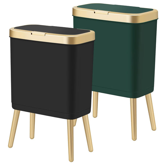 Procade 2Pack BathroomTrash Can with Lid, Modern Garbage Bin for Kitchen, 4 Gallon Garbage Can with Gold Edge, Plastic Trash Bin Waste Basket for Bedroom, Living Room,Office(Black+Green)