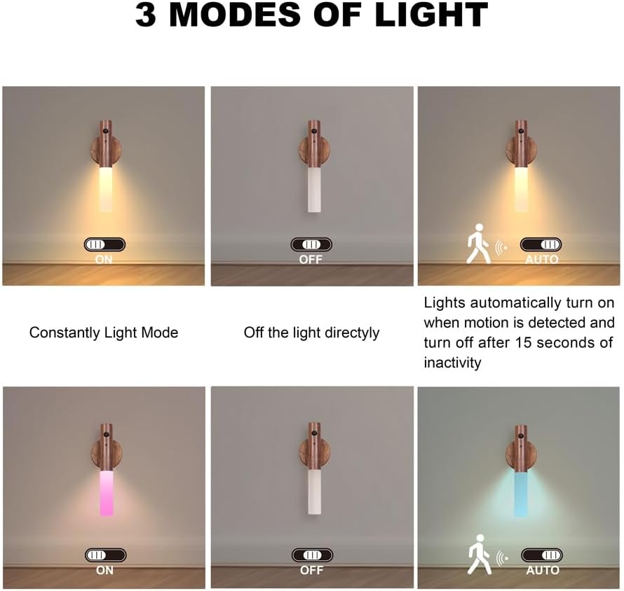 LANDGOO Motion Sensor Night Light RGB & Touch Control | USB-C Rechargeable Wooden Wall Sconce | Bathroom/Bedroom Light for Hallway, Stairs, Closet, Kids Room, Vanity, (Walnut Wood)