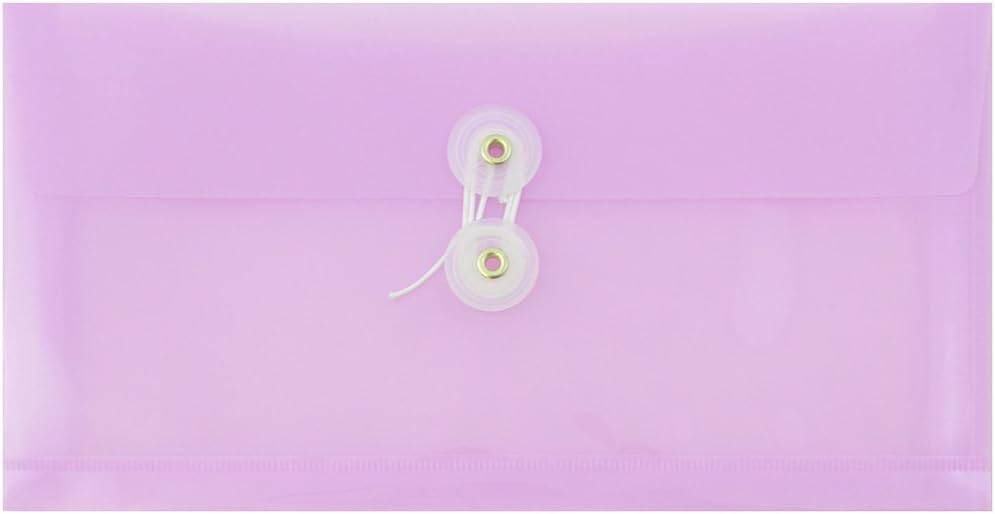 JAM PAPER #10 Plastic Envelopes with Button & String Tie Closure - 4 1/8" x 9 1/2" - Lilac Purple - 12/Pack