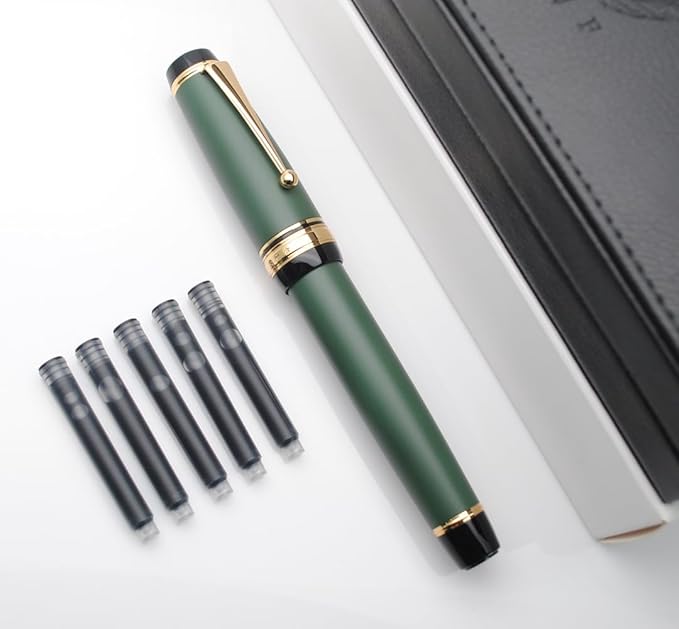 Metal Big Fountain Pen Set Medium Nib 0.7mm, Includes Ink Refill Converter, 5 Ink Cartridges & Gift Box (Medium Nib 0.7mm, Matte Green)