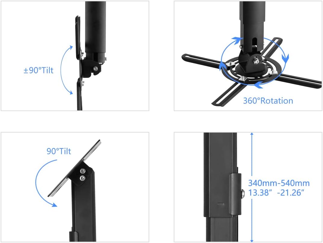 suptek Black Projector Ceiling Mount Bracket Fits Flat or Sloped Ceiling Height Adjustable with Extendable Length for LCD/DLP Projector Mount (PR05B)