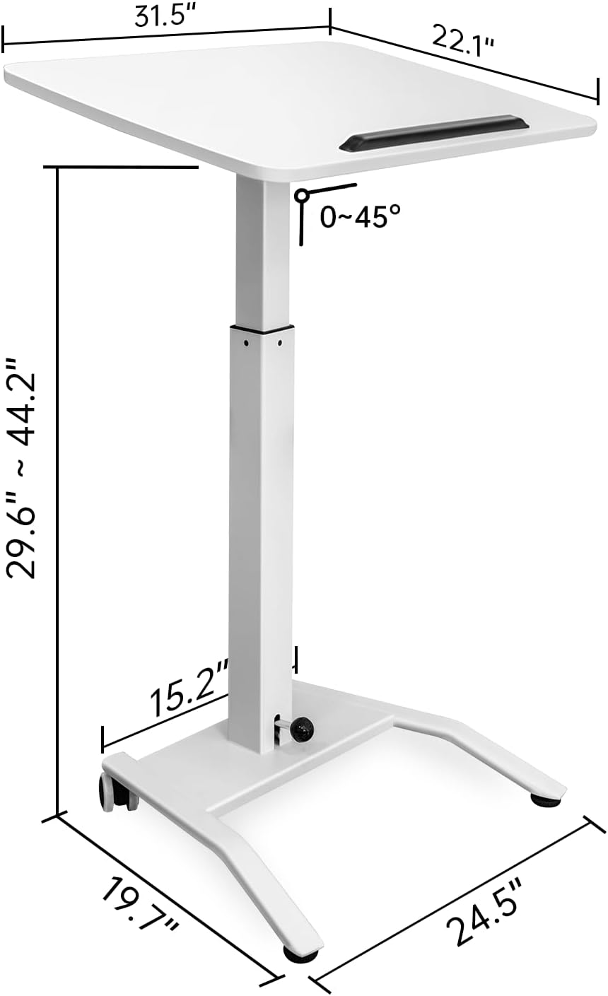 Mobile Standing Desk with 45° Tilting Desktop, Portable Rolling Standing, Height Adjustable Sit Stand Foldable with Wheels, Mobile Desk Workstation for Home Office (White, Large)
