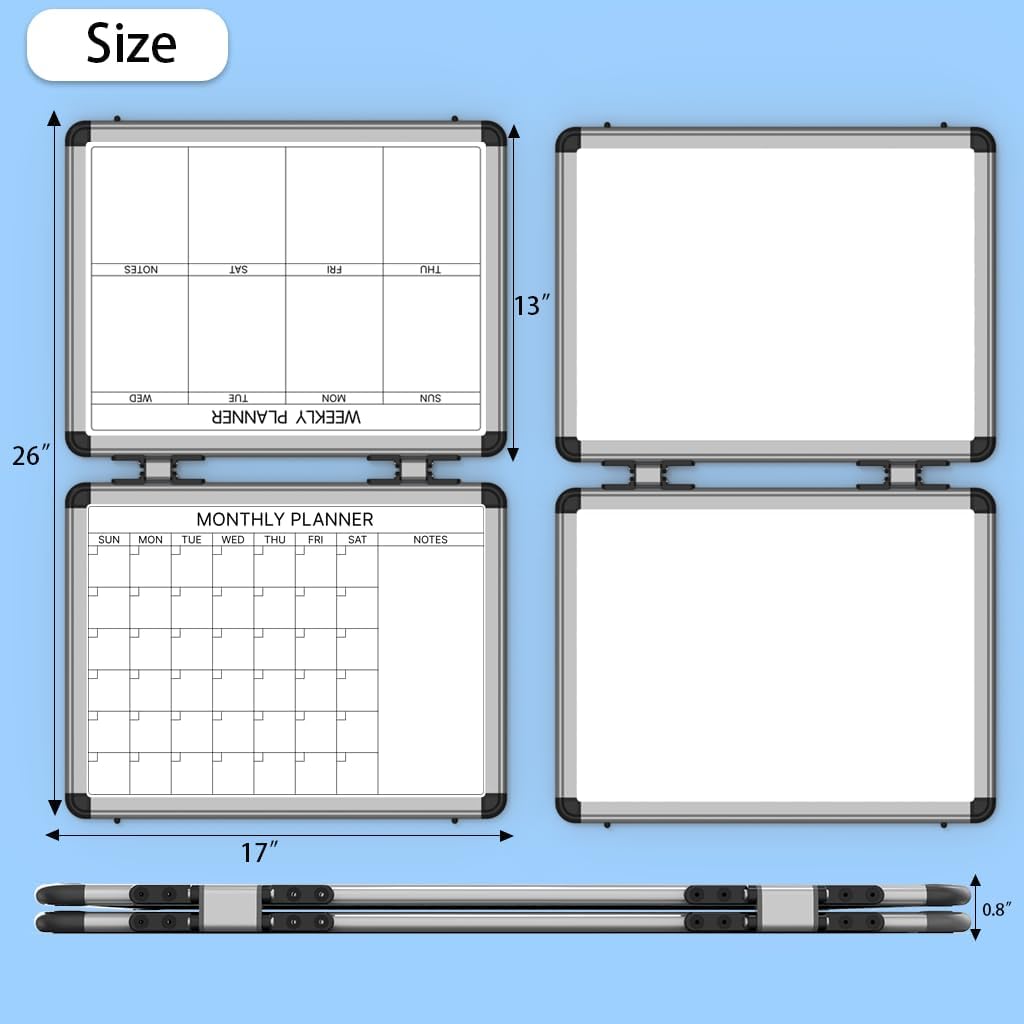 4 Sided Foldable Whiteboards Calendar, 17"x13" Desktop Whiteboard, Integrating with Monthly and Weekly Planner, Multi-Functional Whiteboard Suitable for Home, School and Office.