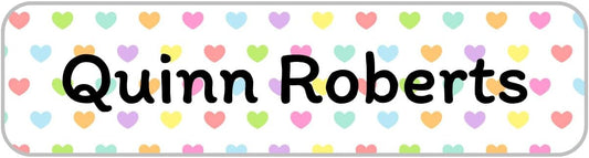 Name Bubbles - Custom Small Rectangle Name Labels for Kids (64 Labels) - Personalized Waterproof Name Stickers for Daycare, Lunch Boxes, Water Bottles, Shoes, School Supplies, & Camp (Hearts)