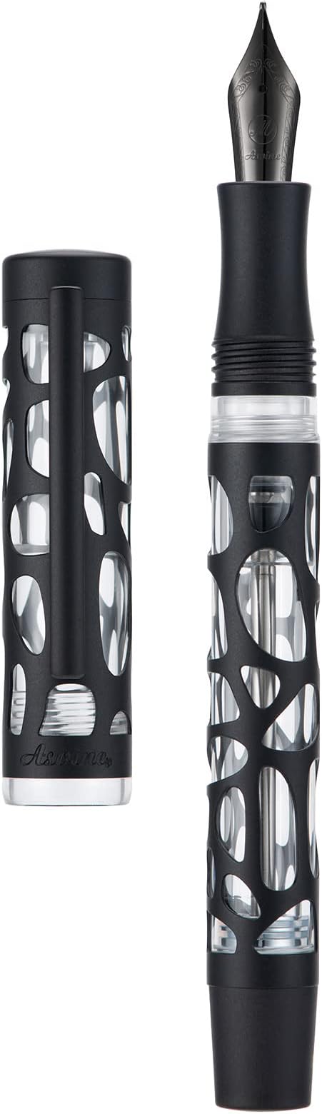 Asvine V169 Vacuum Filling Fountain Pen, Matte Black Water Drop Skeleton Transparent Acrylic Pen, Black Medium Nib Office Pen with Case Set