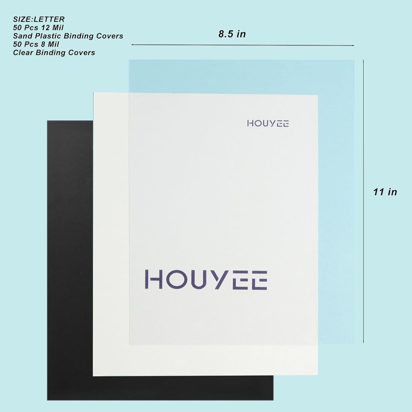 HOUYEE 100 Pack Binding Covers Set, 8.5x11 Inches, Including 50 Pcs 8 Mil Clear Binding Covers, 50 Pcs 12 Mil Black Sand Plastic