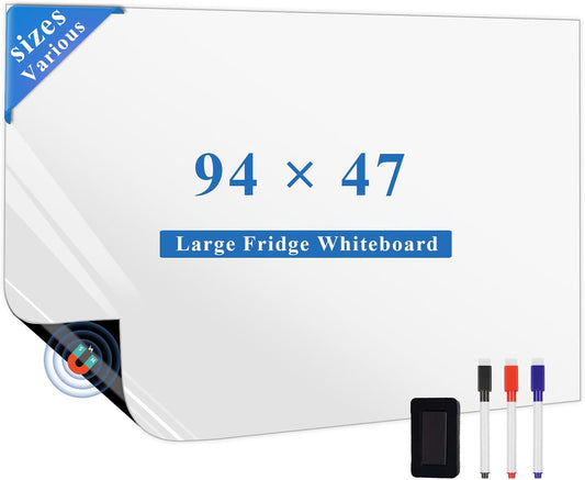Magnetic Fridge White Board Paper, 94" x 47" Large Dry Erase Board Sheet for Organizer and Planner, Kitchen Refrigerator Whiteboard for Family to-do List, Includes Markers and Eraser